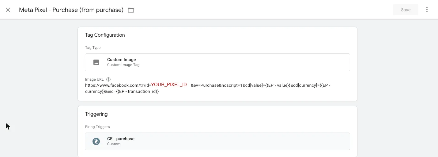 Google Tag Manager Custom Image tag sending a Meta Pixel Purchase event with value, currency, and event ID