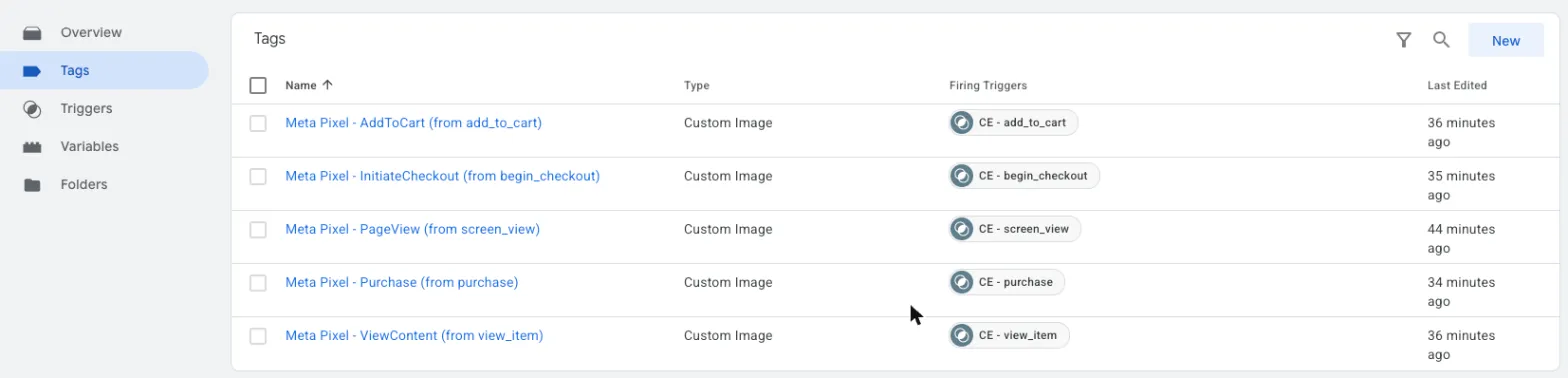 Google Tag Manager tags list with five Meta Pixel tags