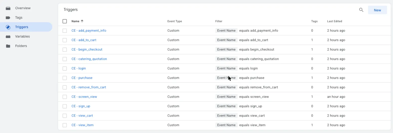 Google Tag Manager triggers list using Event Name equals filters