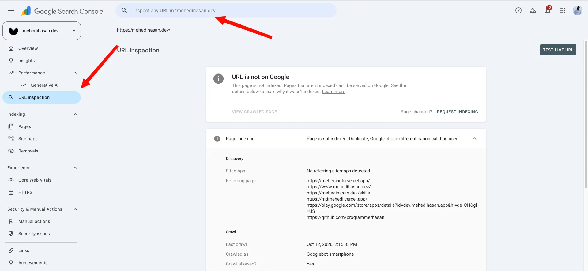 Google Search Console live URL test